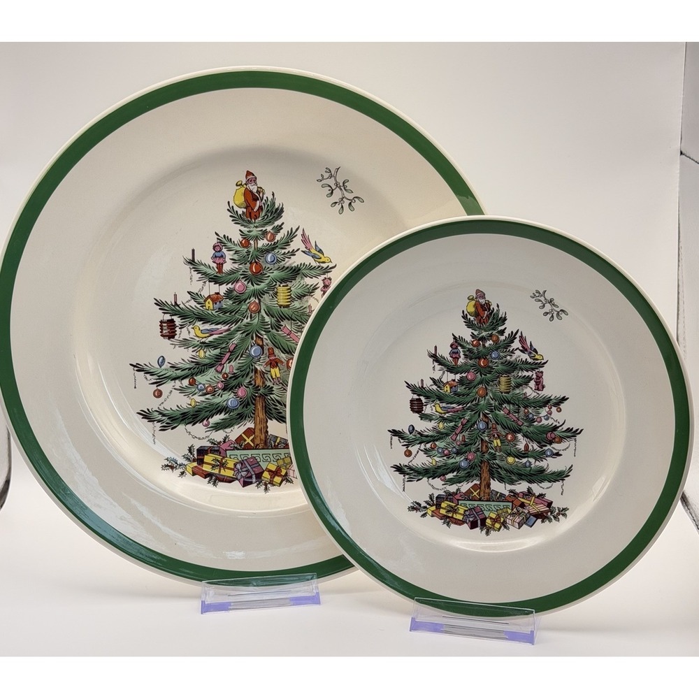 Vintage Spode Christmas Tree Dinner Salad Plates Set 4 Each S3324 Xmas EUC